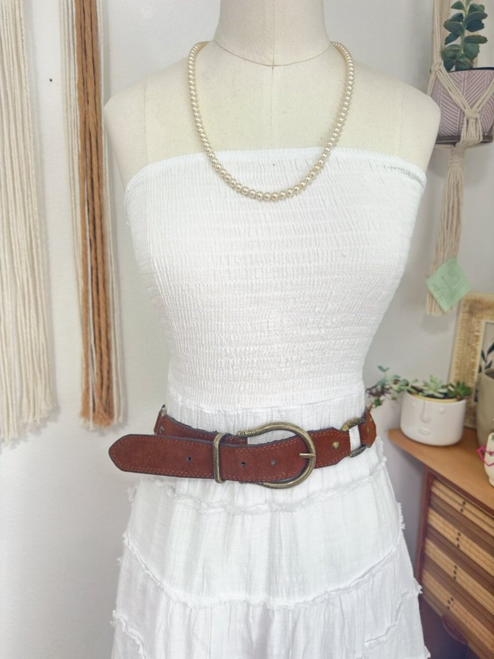Western Brown Leather Belt Ornate Engraved Antique Brass Horseshoe Buckle Boho
